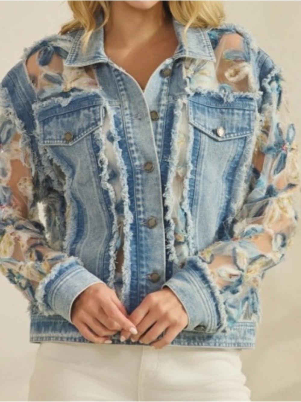DENIM JACKET WITH FLORAL ORGANZA INSET - Picture 1 of 2